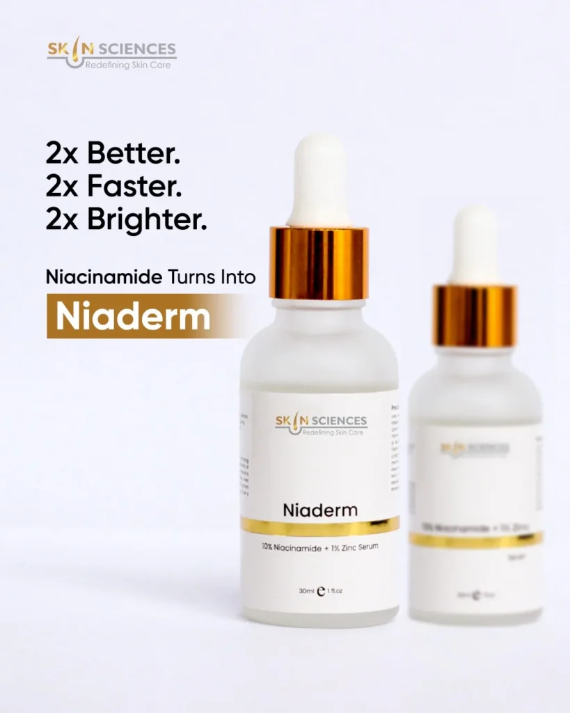 Dropper bottle of 10% niacinamide serum being applied on face